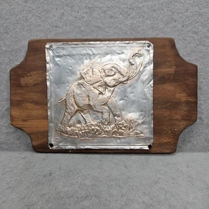 Vintage Metal Elephant With Flowers 3D Raised Hammered Art on Wood - Picture 1 of 9