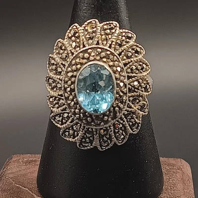 925 Sterling Art Deco Blue Topaz & Marcasite Statement Cocktail Ring Size 5.5 - Image 1 of 4