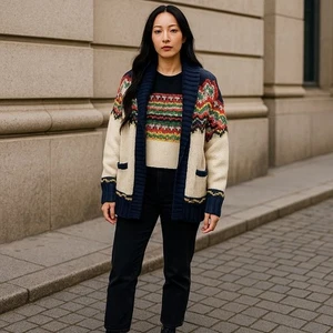 Cárdigan American Eagle Fair Isle Suéter Chal Cuello Acogedor Tejido Talla L - Imagen 1 de 2