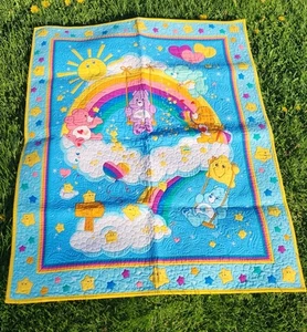 1990's Y2K Care Bears Rainbow Trail Hand Quilted Crib Baby Blanket Cotton 34x43 - Picture 1 of 11