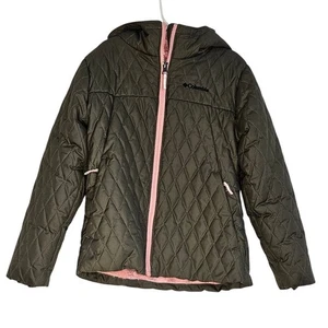 Columbia Green puffer sherpa pink lined hooded winter jacket size  small 7/8 - Picture 1 of 6