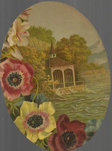 STAMPA OVALE _CROMOLITOGRAFIA _ OLEOGRAFIA ?_FIORI CON COSTRUZIONE SU LAGO - Imagen 1 de 1