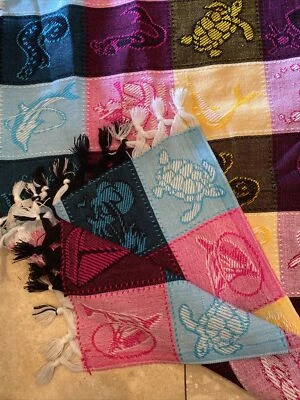 Baja Mexican beach picnic Blanket Pastel Colors Throw turtle dolphin sailboat - Image 1 of 4