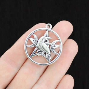 2 Raven Crescent Moon Pentagram Antique Silver Tone Charms - SC1057 - Picture 1 of 1