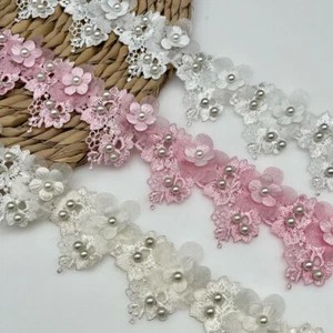 1 Yard Flower Pearl Beaded Lace Ribbon Edging Trimmings Sewing Wedding Dress - Picture 1 of 12