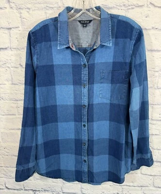Lucky Brand Women's Large Denim Shirt Check Button Down Blue Color Block - Image 1 of 4