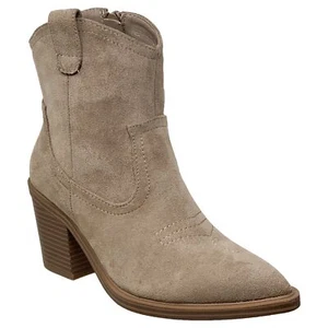 Women's Western Ankle Booties Stitched Cowboy Shoe Toe Side Zipper Taupe Suede - Picture 1 of 7