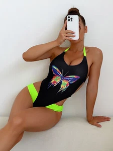 Bikini Einteiler Taille Sicht Badeanzug Neu Sexy Farbe Kontrast Ausschnitt Badeanzug - Bild 1 von 7