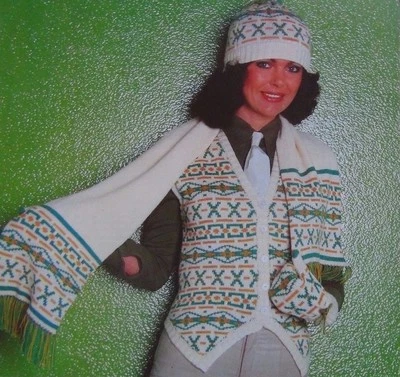 LADIES/ FAIR ISLE WAISTCOAT/SCARF/HAT/MACHINE KNITTING PATTERN SIZE 32-38" (K18) - Image 1 of 2