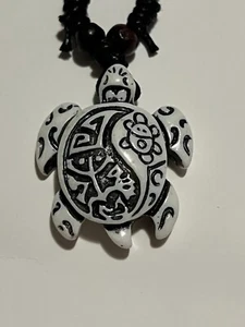 White Wood Turtle Pendant Rope Necklace Coqui Taino Sun, Cotton Cord Yin Yang - Picture 1 of 8