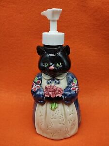 Vintage Otagiri Soap Pump Dispenser - Ceramic Black Cat w/ Country Dress 
