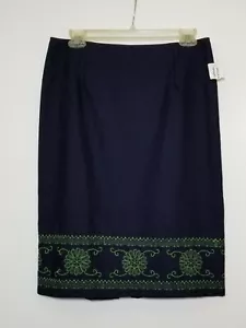 TAILOR B.Moss sz. 8 Navy Lined Pencil Skirt- Embroidered in Green - Gorgeous! - Picture 1 of 5