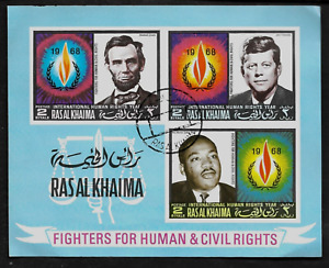 RAS al KHAIMA 1968 FIGHTING FOR HUMAN CIVIL RIGHTS IMPERF 3 STAMP MINI-SHEET CTO