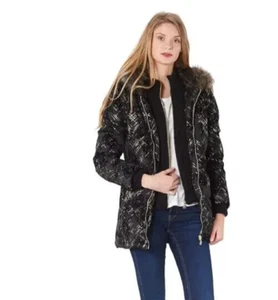 Desigual Womens Parka Black Gold Puffy Sweater Inset Hooded Faux Fur Size 6 NWT - Picture 1 of 15