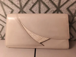 Vintage Clutch Jasmin Leather Suede Snakeskin Light Cream Snap Bag Purse - Picture 1 of 22