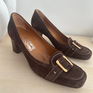 Salvatore Ferragamo Pumps Womens 9 Brown Suede Block Heel Gold Buckle Elegant - Picture 1 of 12