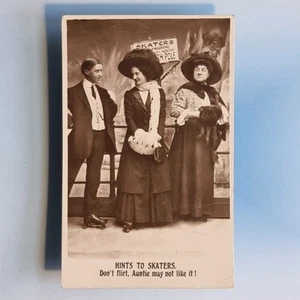 Comic Postcard 1911 Roller Skating Real Photo Fur Muff Don't Flirt - Picture 1 of 2