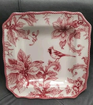 222 FIFTH 4 CHRISTMAS LANE SALAD PLATES SQUARE Red Toile Poinsettia Bird NEW - Image 1 of 4
