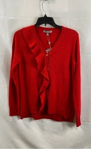 Neiman Marcus Women Red Solid Ruffled Vneck Cardigan Sweater S 100Cashmere - Picture 1 of 5