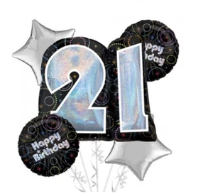 21st Birthday 5 Balloon Bouquet 4 x 18" + 1 x 27" Anagram Foil Balloon Helium - Picture 1 of 3