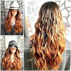 Wavy Wig, Ombre Wig, Reddish Blonde Wig , Lace Front Wig , Human hair Blend Heat - Picture 1 of 11