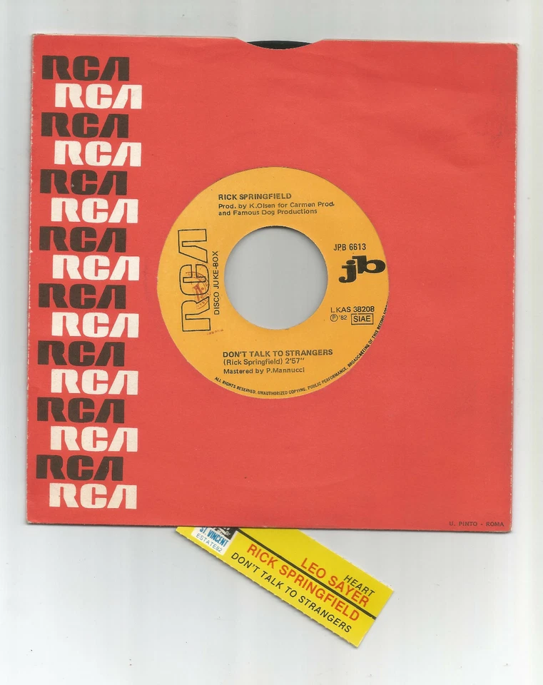 RICK SPRINGFIELD 7" Italian jb-promo 1982 M w/title-strip + red-hole-RCA-sleeve - Image 1 of 1