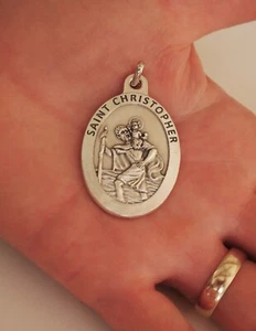 Saint Christopher Silver Tone Medal Necklace Pendant 1-1/2" x 1-1/8" - Picture 1 of 2