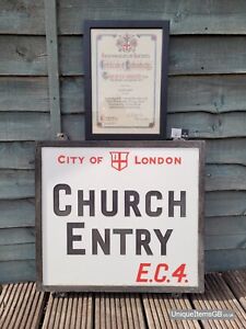 Genuine 1910's City of London CHURCH ENTRY E.C.4. Opal Glass Street Sign 20"x18"
