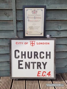 Genuine 1910's City of London CHURCH ENTRY E.C.4. Opal Glass Street Sign 20"x18" - Picture 1 of 12