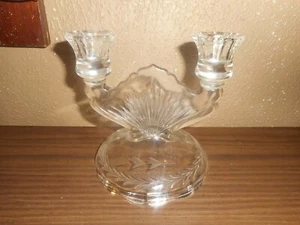 JEANETTE GLASS SUNBURST DEPRESSION GLASS DOUBLE CANDLE HOLDER/HAS CRACK IN ONE - Picture 1 of 12