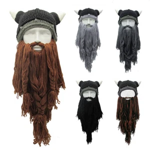 Viking Hat with Horns Knit Viking Beard Costume Funny Winter Hat For Men Adult - Picture 1 of 24