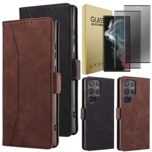 For Samsung S22 Ultra Leather Flip Magnetic Case Cover / Privacy Tempered Glass - Picture 1 of 24