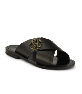 SANDALIAS HOMBRE ROBERTO CAVALLI LOGO CUERO NEGRO DESLIZABLES Talla 43EU/10US/9UK Foto 1 de 4