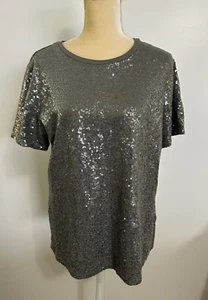 DKNY Silver Sequin Top NWT Size Large Grey Tee Shirt - Picture 1 of 6