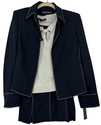 Traje Falda Albert Nipon Mujer Talla 8 Azul Marino y Plata Brillante 3 Piezas Nuevo con Etiquetas Foto 1 de 4