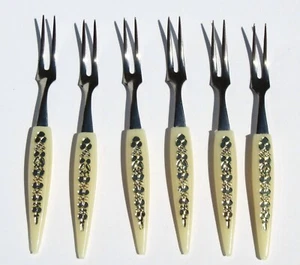 6 Stainless Steel & Plastic Little Forks for Hors D'oeuvres Cocktail Appetizers - Picture 1 of 3
