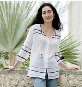 J.Jill Damen Gr. L weiß halbtransparent Gaze Button Down Shirt Top Bommel Quasten - Bild 1 von 9