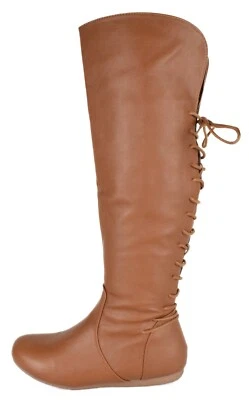 Top Moda Women Knee High Boots Back Lace Flat Heel Zipper Round Toe BANK-37 Tan - Image 1 of 4