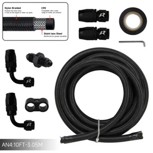 10FT 3M AN4 Nylon Stainless Steel Braided Fuel Line + 4PCS Hose End Fitting Kit - Picture 1 of 10