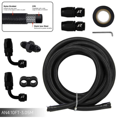10FT 3M AN4 Nylon Stainless Steel Braided Fuel Line + 4PCS Hose End Fitting Kit - Image 1 of 4