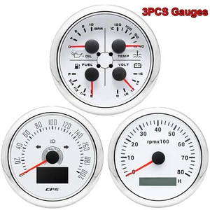 85mm White GPS Speedometer 200Km/h Tacho&85mm Fuel Level Temp Oil Pressure Volt - Picture 1 of 16