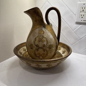 Vintage Italian Florentine Gold Gilt Italy Pottery Pitcher Matching Bowl Set - Picture 1 of 24