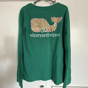 Vineyard Vines Gingerbread Tee Kids Medium 10/12 Pocket Whale Christmas Green LS - Picture 1 of 11