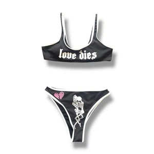Dolls Kill 2 Piece Goth Bra Panty Set Womens L Love Dies Emo Skull Black Stretch - Picture 1 of 4