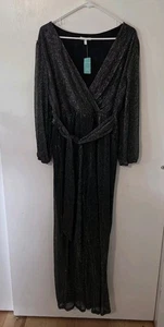Maurices Plisse  Jumpsuit Women’s Size L Metallic V-neck Long Sleeves Wide Leg - Picture 1 of 11