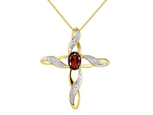 Garnet and Diamond Cross Pendant Yellow Gold Plated Silver - Picture 1 of 3