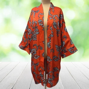 Chicos Kimono Jacke Gr. 2 L 12 14 orange blau Blumenmuster offene Fronttaschen - Bild 1 von 13