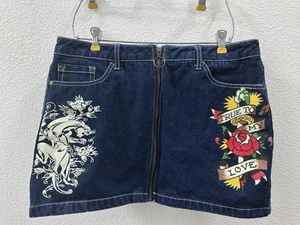 Ed Hardy Denim Minirock Front Zip Rose / Panther Größe Large L True To My Love - Bild 1 von 11