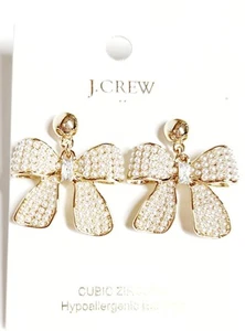 J.Crew Factory Pearl Pave Bow Dangle Earrings in Pearl Gold Plated CH560 NWT - Picture 1 of 14