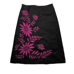M&S Per Una Ladies Black & Pink Floral Detail Wool Mix Midi Skirt UK 10